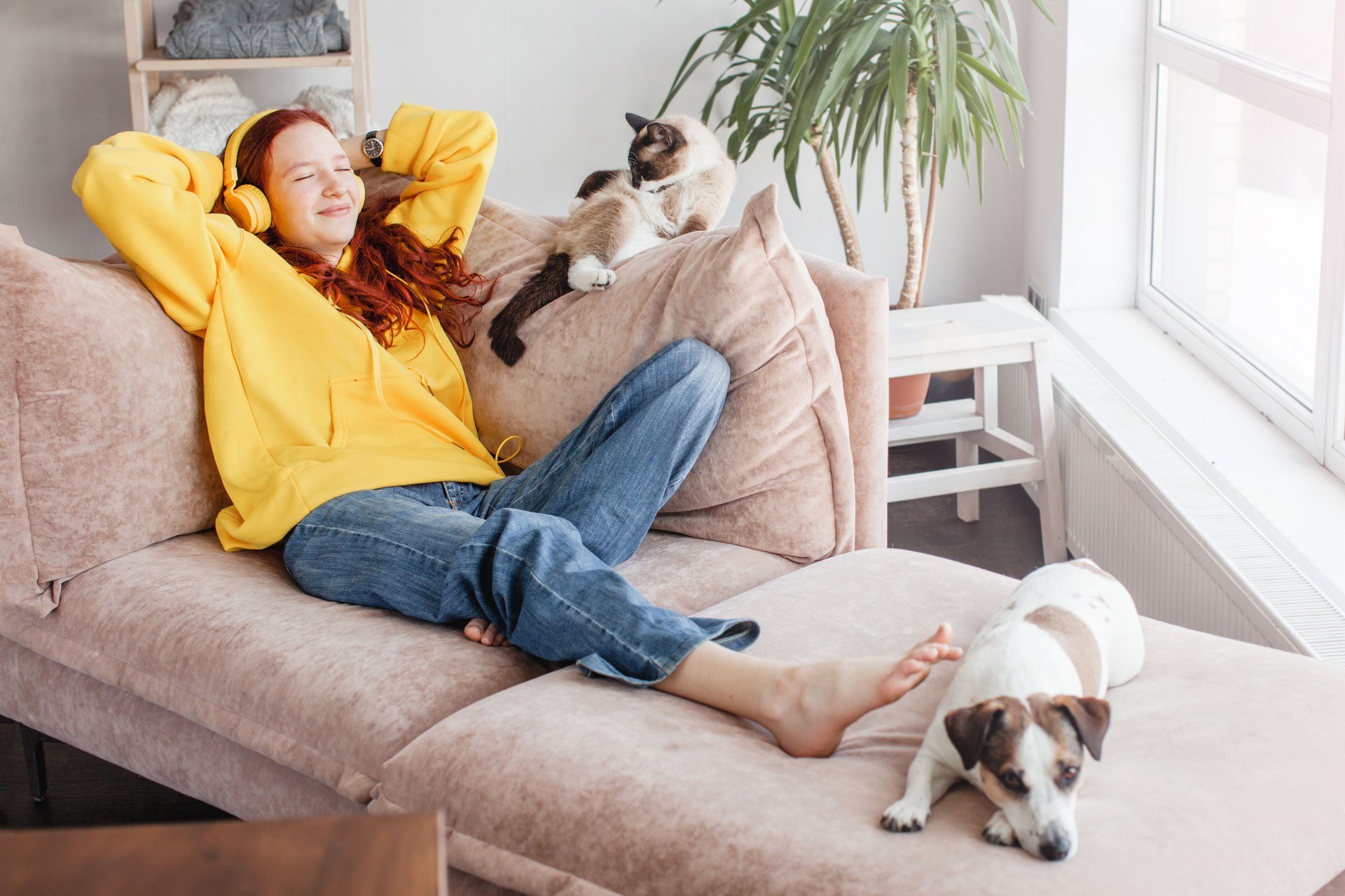 Peaceful teen girl in modern headphones sit relax on comfortable couch listening to music